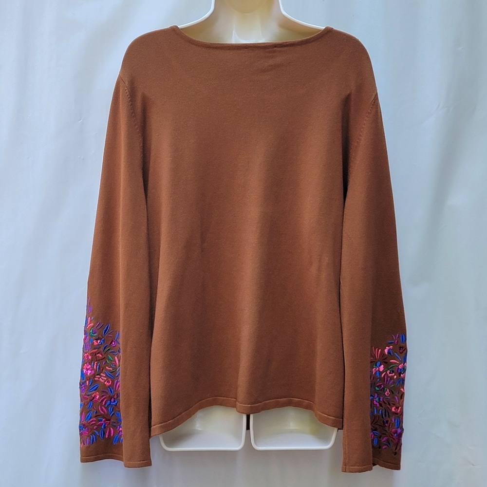 Whisper Knit QVC Italy Caramel Knit Sweater Embroidery Sleeves Women's Size XL - Picture 6 of 13